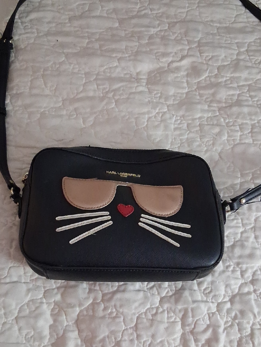 Karl Lagerfeld Black Crossbody with Tan Sunglass Appliqué and Red Heart